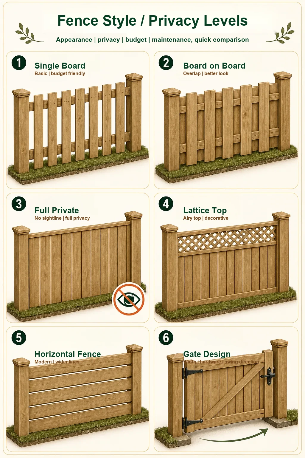 Fence styles and privacy options compared.