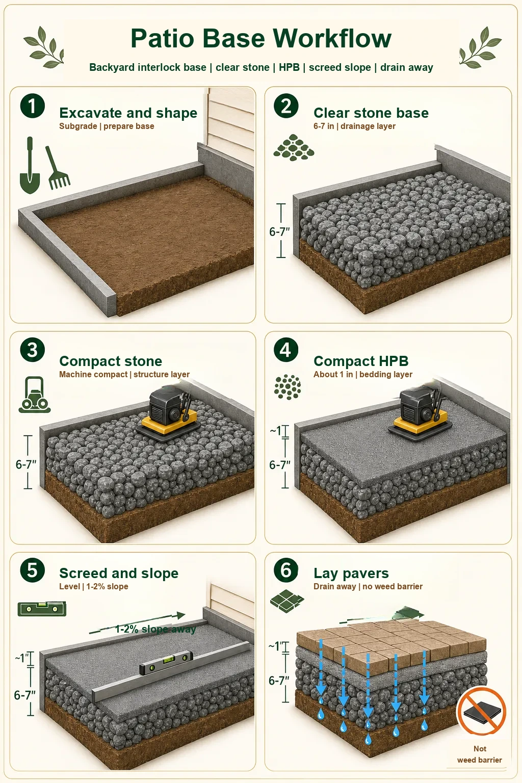 Patio base build sequence: subgrade, clear stone, HPB, slope, then pavers.